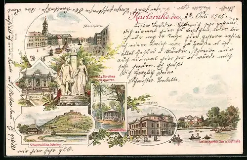 Lithographie Karlsruhe, Marktplatz, Hoftheater, Schwarzwaldhaus