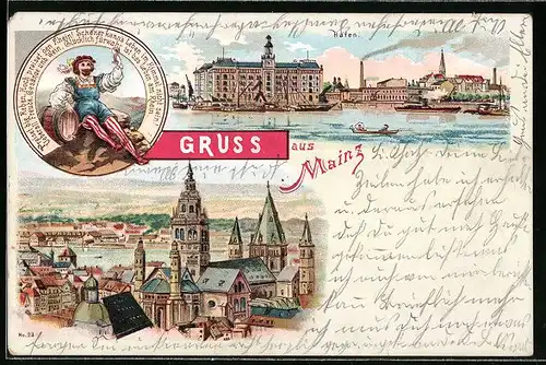 Lithographie Mainz, Teilansicht mit Kirche, Hafen, Mann mit Weinglas