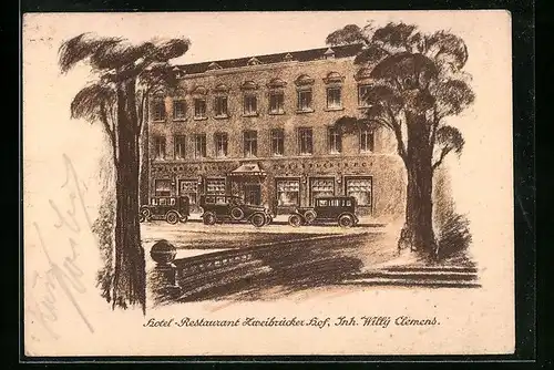 Künstler-AK Düsseldorf, Hotel-Restaurant Zweibrücker-Hof, Königs-Allee 92