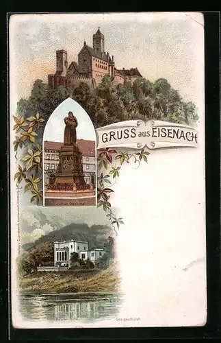 Lithographie Eisenach, Fritz Reuter-Villa, Luther-Denkmal