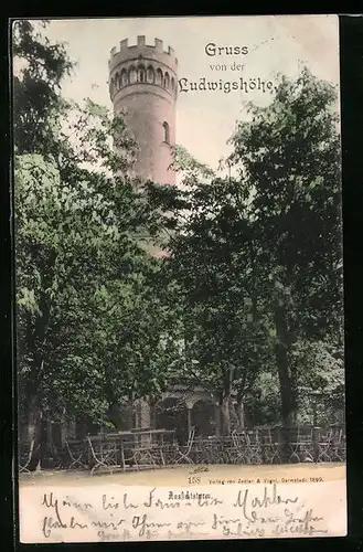 AK Ludwigshöhe, Aussichtsturm hinter Bäumen