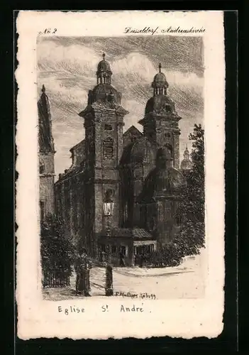 Künstler-AK Düsseldorf, Darstellung der Andreaskirche