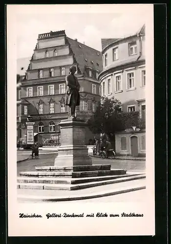 AK Hainichen, Gellert-Denkmal mit Stadthaus