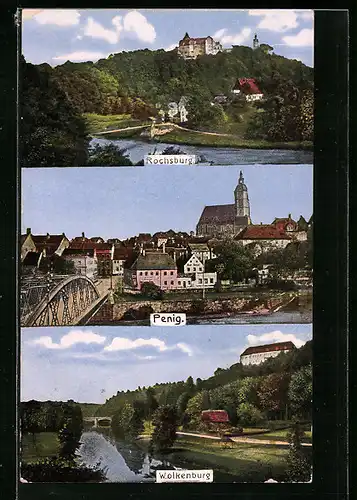 AK Penig, Teilansicht mit Kirche, Rochsburg, Wolkenburg