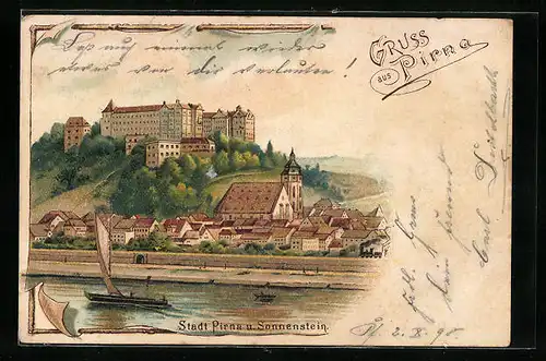 Lithographie Pirna, Ortsansicht mit Sonnenstein