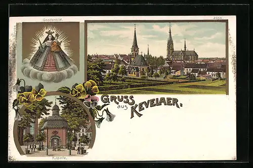 Lithographie Kevelaer, Ortsansicht mit Kapelle und Gnadenbild