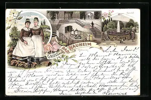 Lithographie Bad Nauheim, Sprudel und Kurbrunnen