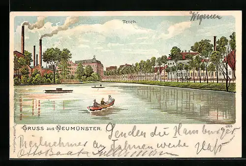 Lithographie Neumünster, Teich mit Ruderpartie