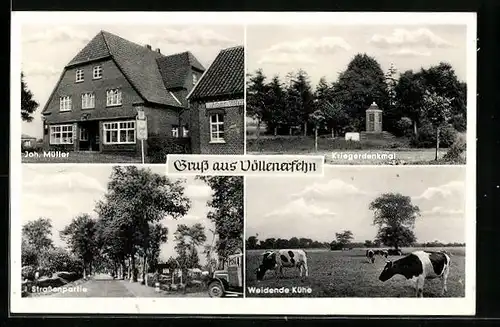 AK Völlenerfehn, Kriegerdenkmal, Strassenpartie, Geschäft von Joh. Müller