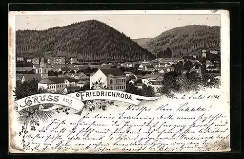 Lithographie Friedrichroda, Ortsansicht aus der Vogelschau