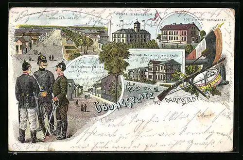 Lithographie Darmstadt, Übungsplatz mit Baracken-Lager und Restaurations-Viertel