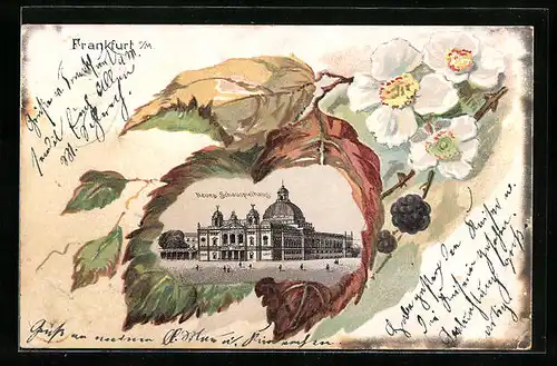 Lithographie Frankfurt a. M., Neues Schauspielhaus in einem Blatt dargestellt