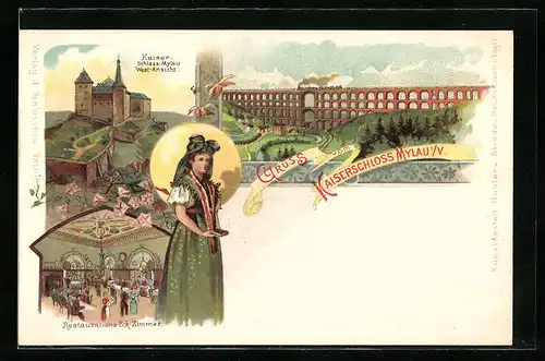 Lithographie Mylau i. V., Kaiserschloss, Restaurations-Eck-Zimmer, Viadukt