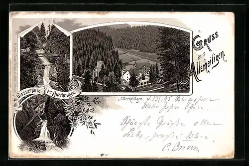Lithographie Allerheiligen, Ortsansicht und Wasserfälle