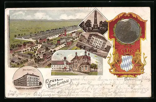 Lithographie Lechfeld, Lager aus der Vogelschau mit Neuer Kaserne