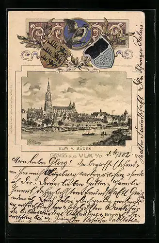 Passepartout-Lithographie Ulm a. D., Stadt von Süden, Wappen