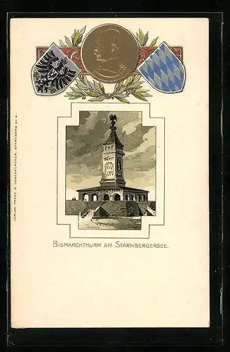 Passepartout-Lithographie Starnbergersee, Darstellung vom Bismarckthurm, Wappen