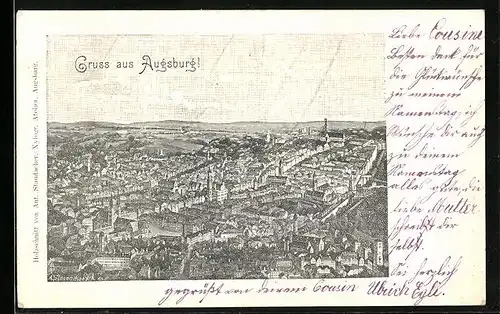 Lithographie Augsburg, Stadt aus der Vogelschau
