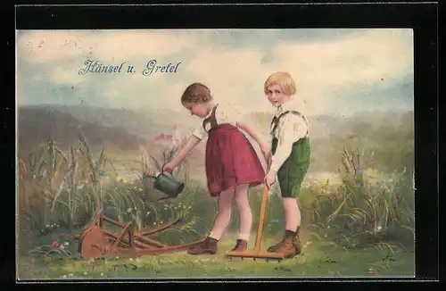 AK Hänsel und Gretel bei der Gartenarbeit