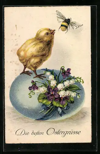 Künstler-AK Osterküken mit Biene, Die besten Ostergrüsse