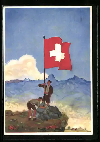 Künstler-AK Schweizer Bundesfeier 1939, Nationalfahne auf einem Berggipfel