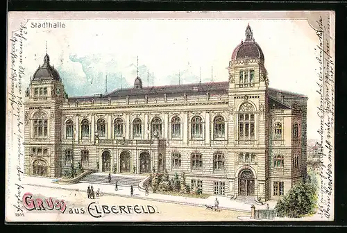 Lithographie Elberfeld, Stadthalle mit Strasse aus der Vogelschau