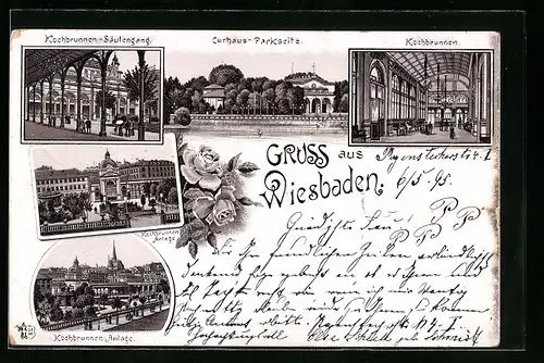 Vorläufer-Lithographie Wiesbaden, 1895, Curhaus, Kochbrunnen-Anlage und -Säulengang