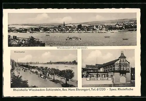 AK Wiesbaden-Schierstein, Panorama, Rheinhafen und Gasthaus Rheinhalle