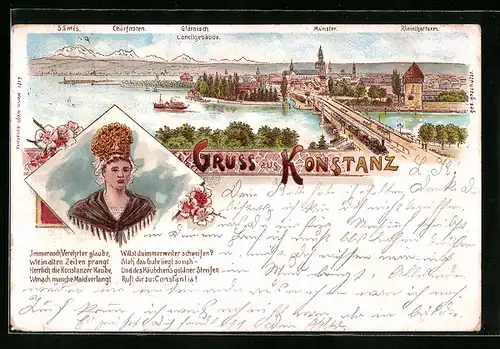 Lithographie Konstanz, Panorama mit Brücke und Rheinthorturm, Konstanzerin mit Haube