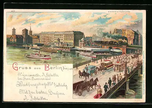 Lithographie Berlin, Jannowitzbrücke mit Kutschen, Pferdebahn und Hochbahn
