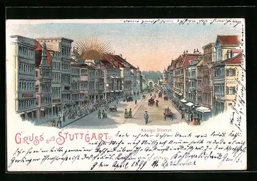 Sonnenschein-Lithographie Stuttgart, Königs-Strasse mit Passanten von oben gesehen