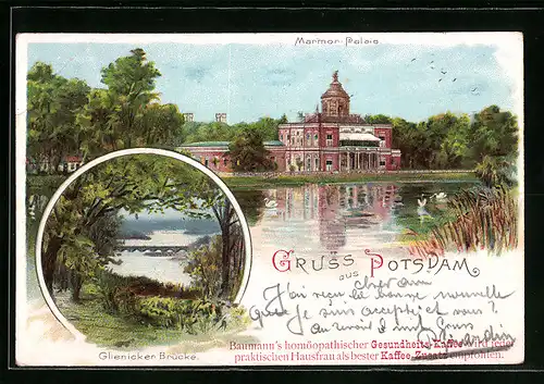 Lithographie Potsdam, Blick zur Glienicker Brücke, Marmor-Palais vom Wasser gesehen