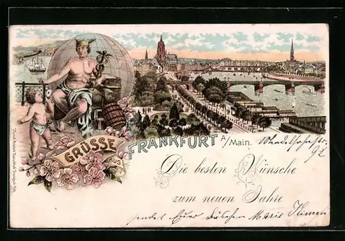 Lithographie Frankfurt a. M., Ortsansicht mit Mainbrücken, Herold mit Heroldstab