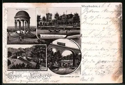Vorläufer-Lithographie Wiesbaden, 1893, Restauration auf dem Neroberg, Zahnrad-Bahn, Viaduct