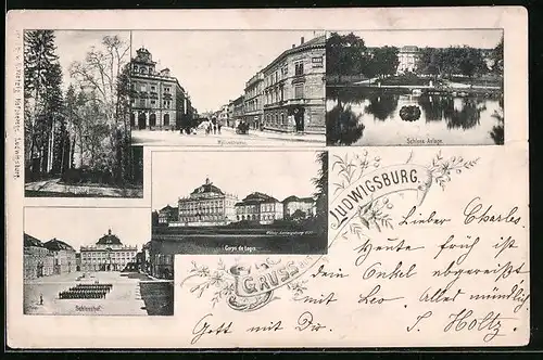 AK Ludwigsburg, Myliusstrasse, Corps de Logis, Schlosshof mit Soldaten