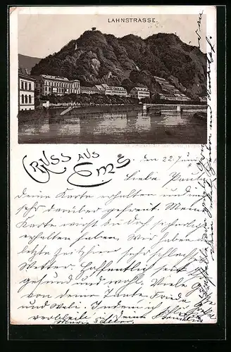 Lithographie Ems, Lahnstrasse mit Ortspanorama