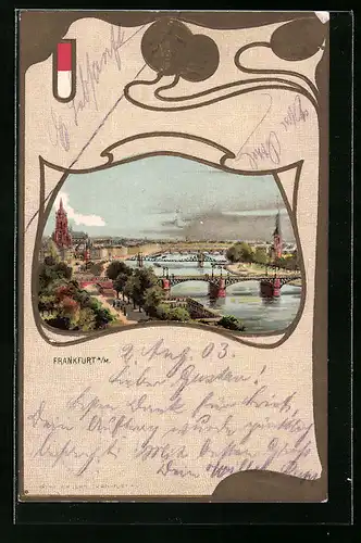 Passepartout-AK Frankfurt a. M., Mainpartie mit Brücken aus der Vogelschau, Geprägte Ornamente
