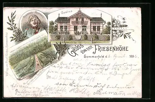 Lithographie Sommerfeld, Gasthof Friesenhöhe - Casino, Garten und Portrait Friedrich Friesen
