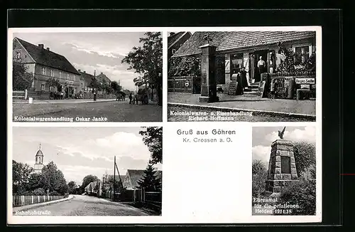AK Göhren /Kr. Crossen, Kolonialwarenhandlungen Janke und Hoffmann, Partie in der Bahnhofstrasse
