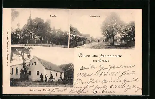 AK Hermswalde bei Göhren, Dorfplatz, Kirche und Gasthof von Rathei