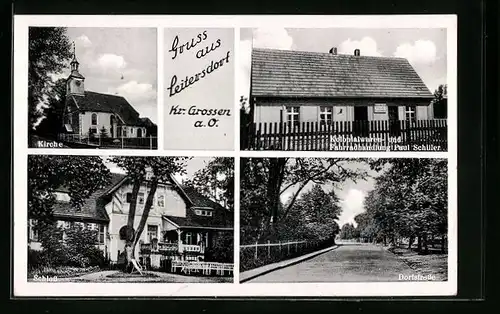 AK Leitersdorf /Kr. Grossen a. O., Kolonialwaren- u. Fahrradhandlung Schiller, Schloss, Dorfstrasse