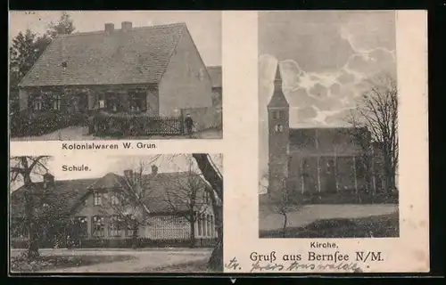 AK Bernsee, Kolonialwaren W. Grun, Schule und Kirche