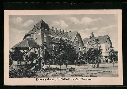 AK Ost-Dievenow, Erholungsheim Silvana mit Pavillon und Strasse