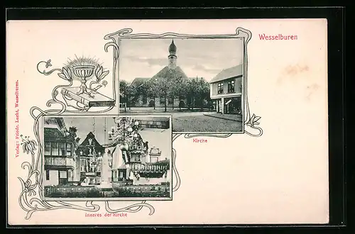 Passepartout-AK Wesselburen, Kirche und Inneres der Kirche