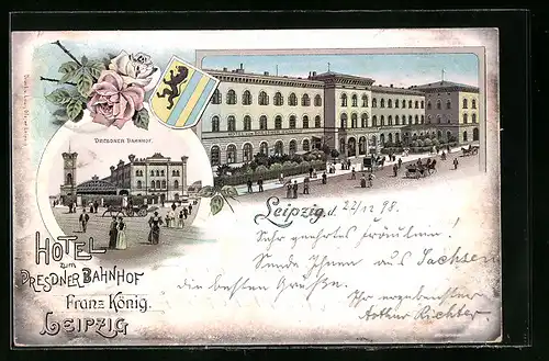 Lithographie Leipzig, Bahnhof und Hotel zum Dresdner Bahnhof, Wappen