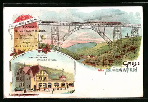 Lithographie Müngsten, Kaiser-Wilhelm-Brücke und Restauration Bergische Schweiz