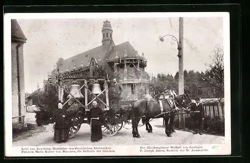 AK Altötting, Glocken der neuen St. Annakirche im Pferdewagen mit Hersteller, Stifterin, Glockengiesser und Pater