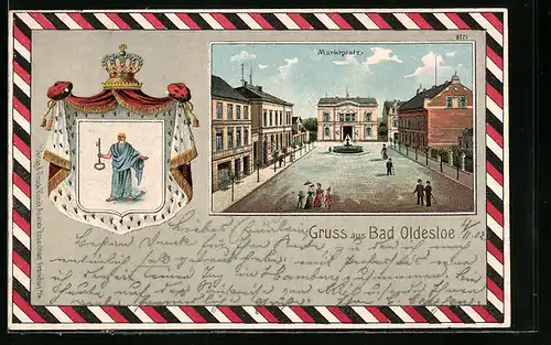 Lithographie Bad Oldesloe, Marktplatz mit Brunnen und Wappen