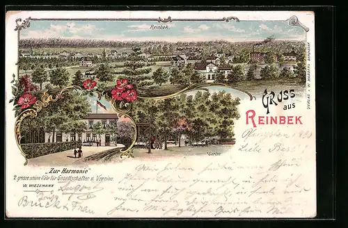 Lithographie Reinbek, Totalansicht mit Gasthaus Zur Harmonie