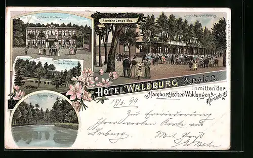 Lithographie Ahrensburg, Hotel und Restaurant Waldburg, Karpfenteich